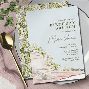 Invitación Pastel Blue Teapot Floral Elegante Brunch Cumpleañ