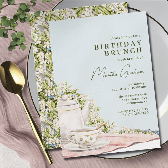 Invitación Pastel Blue Teapot Floral Elegante Brunch Cumpleañ (Subido por el creador)