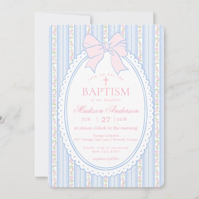 Invitación Pastel Blue Vintage Fancy Floral Baptism (Anverso)