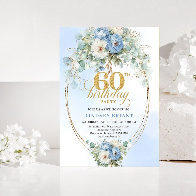 Invitación Pastel blue white peony floral gold 60th birthday  (Pastel blue white peony floral gold 60th birthday invitation

)