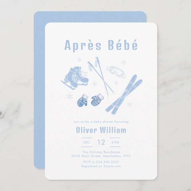 Invitación Pastel Blue Winter Après Bébé Ski Baby Shower   (Anverso / Reverso)