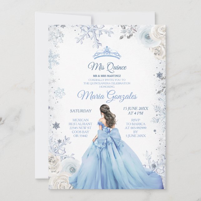 Invitación Pastel Blue Winter Nieve Floral Princesa Mis Quinc (Anverso)