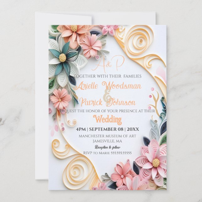 Invitación Pastel Boda Floral Personalizar Papel Quill Frame (Anverso)