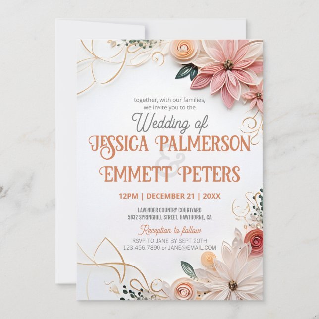 Invitación Pastel Boda Floral Verdor Papel de marco Quillin (Anverso)
