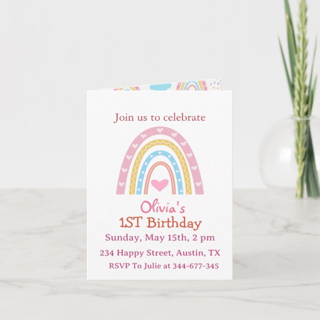Invitación Pastel Boho Arcoiris con corazón Chica cumpleaños (Anverso)