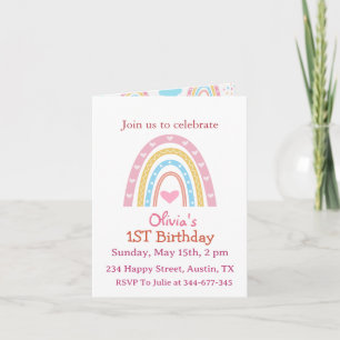 Invitación Pastel Boho Arcoiris con corazón Chica cumpleaños