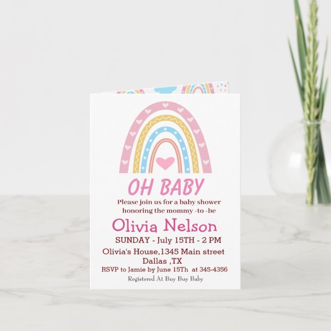Invitación Pastel Boho Arcoiris Con Corazones Oh Baby Shower (Anverso)