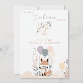 Invitación Pastel Boho Baby Fox y Balloons Cumpleaños
