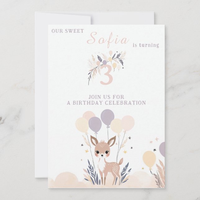 Invitación Pastel Boho Fawn y los globos Cumpleaños (Anverso)