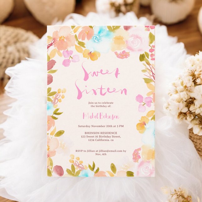 Invitación Pastel boho floral acuarela guión Sweet 16 (Pastel boho floral watercolor script Sweet 16 Invitation)