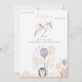 Invitación Pastel Boho Hedgehog y Globos Cumpleaños