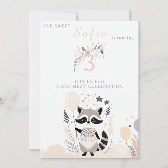 Invitación Pastel Boho Raccoon y Globos Cumpleaños (Anverso)