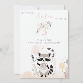 Invitación Pastel Boho Raccoon y Globos Cumpleaños