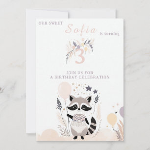 Invitación Pastel Boho Raccoon y Globos Cumpleaños