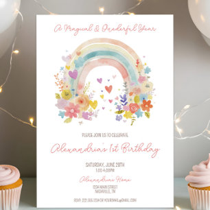 Invitación Pastel Boho Rainbow Floral Primer cumpleaños