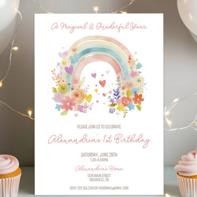 Invitación Pastel Boho Rainbow Floral Primer cumpleaños (Celebrate a magical, whimsical first birthday with a boho floral, pastel rainbow invitation! )