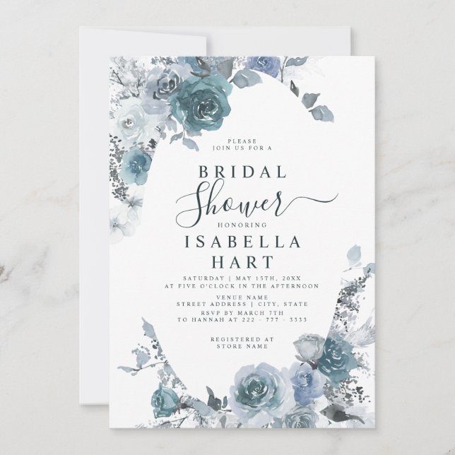 Invitación Pastel Boho Slate Blue Dusty Floral Bridal Shower (Anverso)
