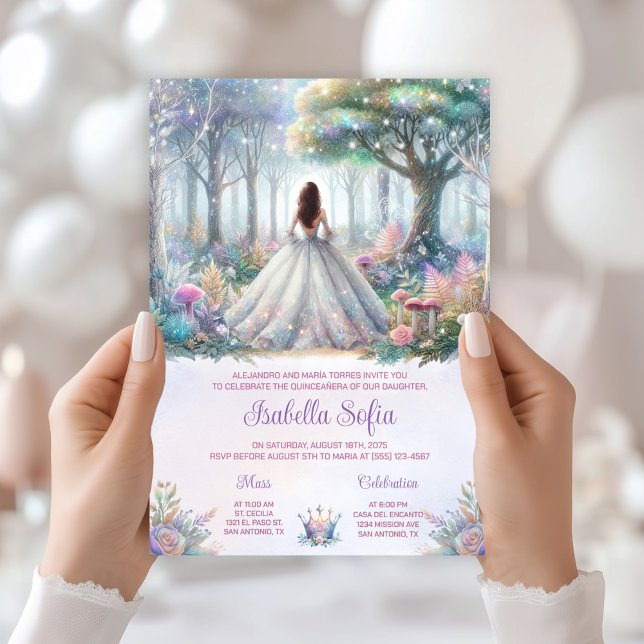 Invitación Pastel Bosque Encantado Quinceañera (Enchanted forest invitation with beautiful back view. All text can be changed as needed.)
