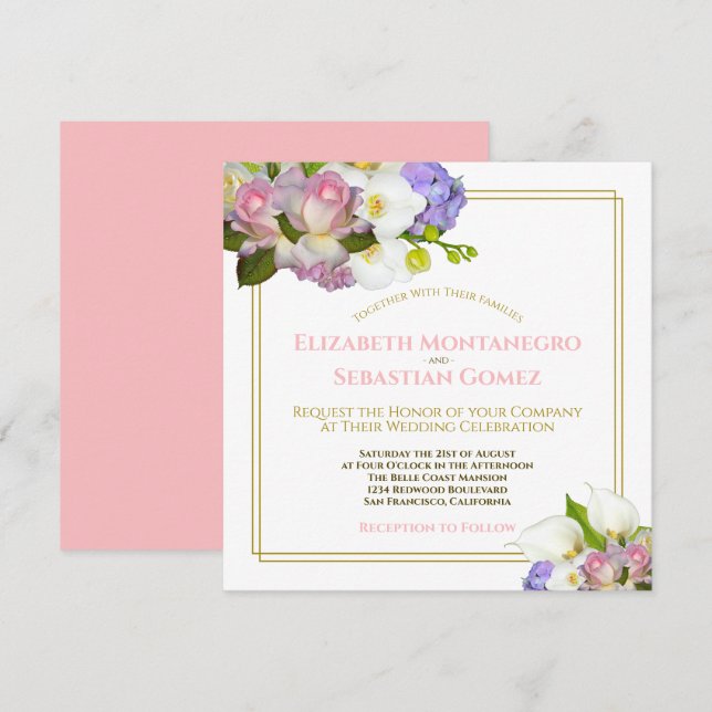 Invitación Pastel Bouquet Spring Floral Square Boda (Anverso / Reverso)