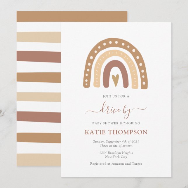 Invitación Pastel Brown Rainbow Boho Drive De Baby Shower (Anverso / Reverso)