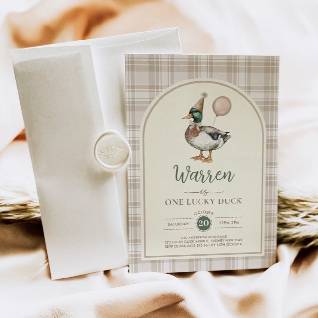 Invitación Pastel Brown Un globo de pato afortunado 1º cumple (Subido por el creador)