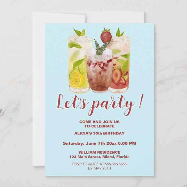 Invitación Pastel Bue Summer Cocktail Fiesta Cumpleaños (Anverso)