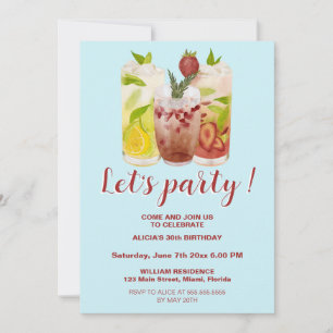 Invitación Pastel Bue Summer Cocktail Fiesta Cumpleaños