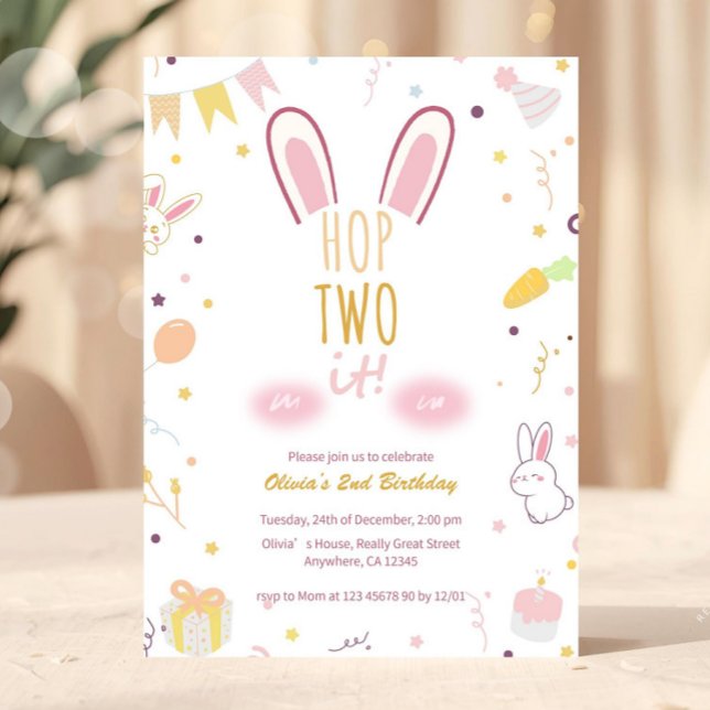 Invitación Pastel Bunny Rosa 2do cumpleaños Hop Dos Invitó (Hop Two It Editable Second Birthday Invitation Template, Girls 2nd Birthday Party, Pink Bunny Pastel)