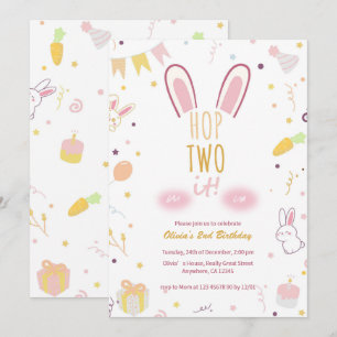 Invitación Pastel Bunny Rosa 2do cumpleaños Hop Dos Invitó
