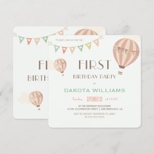 Invitación Pastel Bunting & Hot Air Balloons   First Birthday