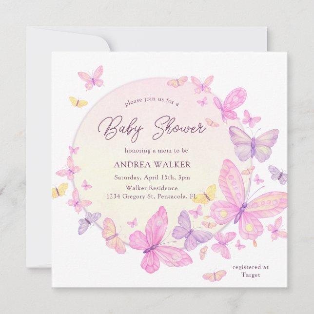 Invitación Pastel Butterflies Pink Purple Elegant Baby Shower (Anverso)
