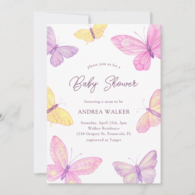 Invitación Pastel Butterflies Pink Purple Elegant Baby Shower (Anverso)