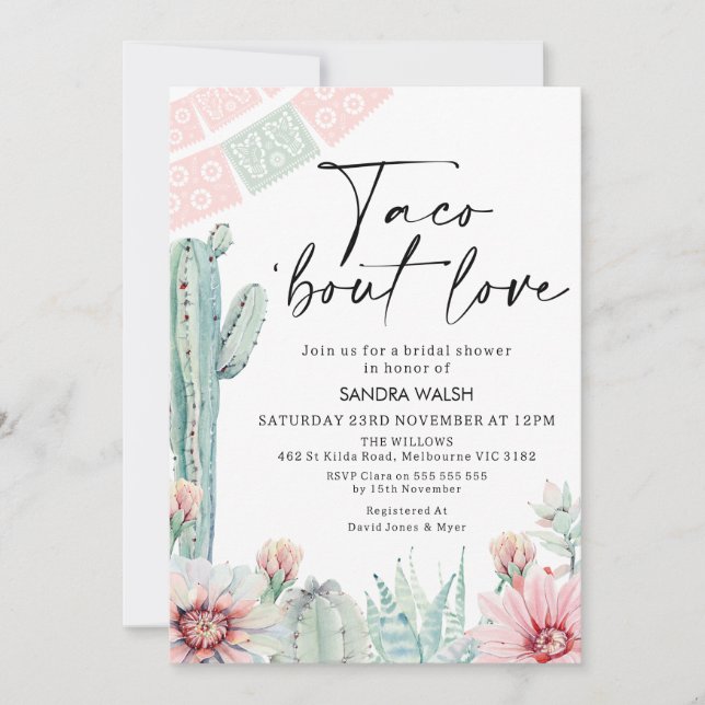 Invitación Pastel Cactus Taco 'bout Love Bridal Shower (Anverso)