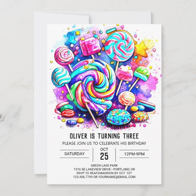 Invitación Pastel Candy Land Cumpleaños (Anverso)