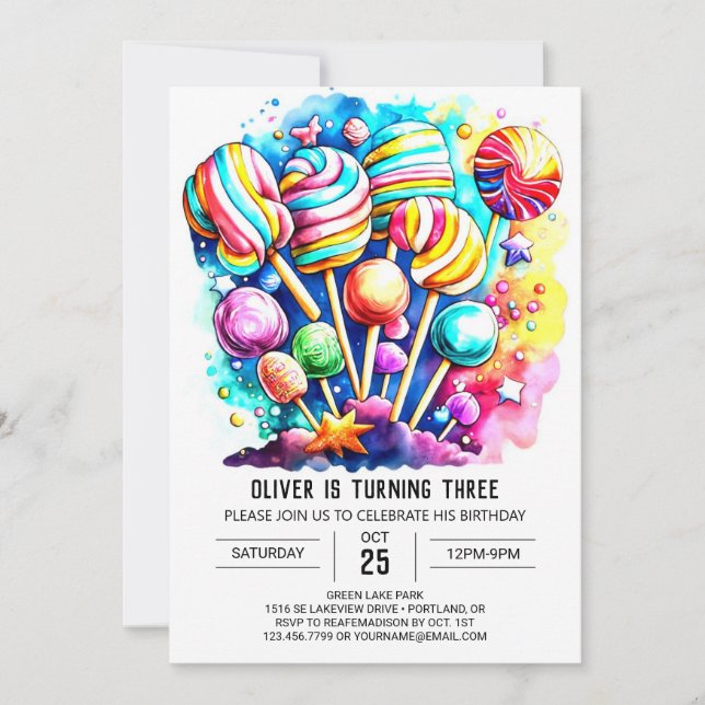 Invitación Pastel Candyland Kids Cumpleaños (Anverso)