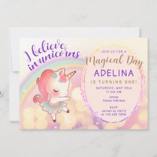 Invitación Pastel caprichoso cree en Unicornios el primer cum