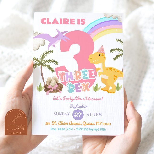Invitación Pastel Chica Dinosaur Tres Fiestas de Cumpleaños R (Subido por el creador)