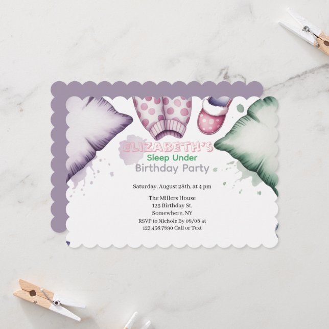 Invitación Pastel Chica Durmiendo Bajo Fiesta de Cumpleaños A (Anverso/Reverso In Situ)