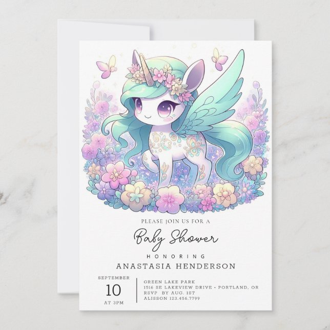 Invitación Pastel Chica Unicorn Baby Shower (Anverso)