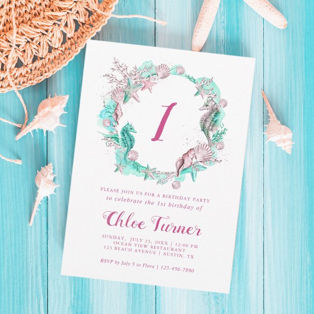 Invitación Pastel ciano y rosado bajo el mar por primer cumpl (Subido por el creador)