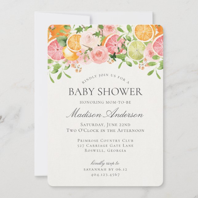 Invitación Pastel Citrus Floral Little Cutie Baby Shower (Anverso)