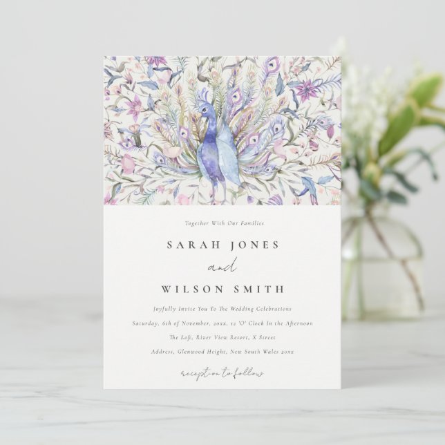 Invitación Pastel Classy Ornate Watercolor Peacock Boda (Anverso de pie)