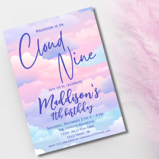 Invitación Pastel Cloud 9 Chicas Noveno cumpleaños