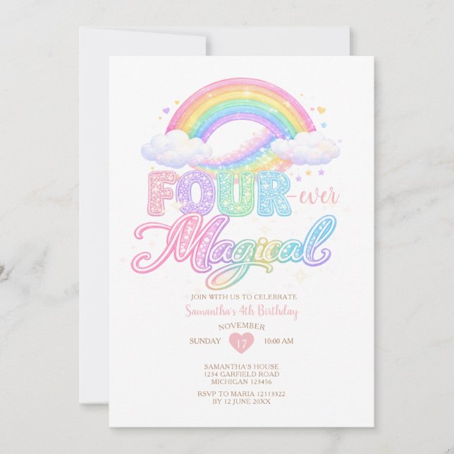 Invitación Pastel Cloud Magical Rainbow 4th birthday  (Anverso)
