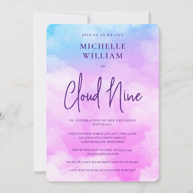 Invitación Pastel Cloud Nueve Acuarela Ducha Morada Británica (Anverso)