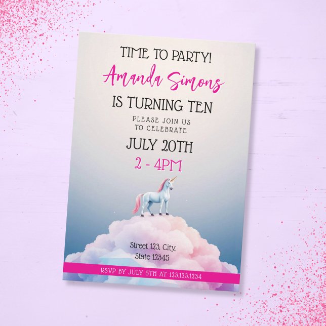 Invitación Pastel Cloud Unicorn Dreamscape Girl 10th Birthday (Subido por el creador)
