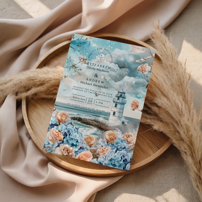 Invitación Pastel Coastal Lighthouse Ocean Wedding (Subido por el creador)