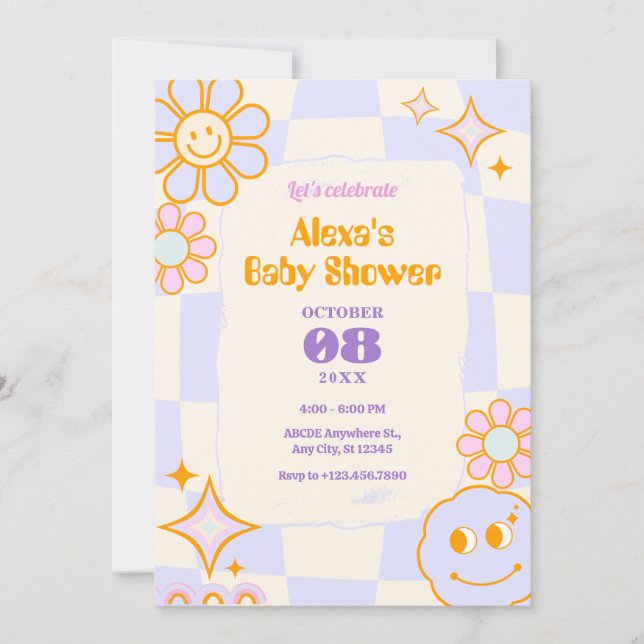 Invitación Pastel Colores Retro Groovy ducha para bebés (Anverso)