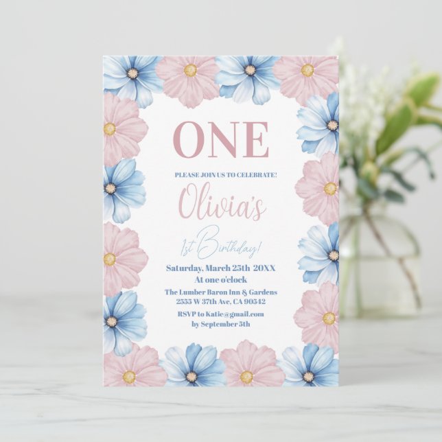 Invitación Pastel Colorful Daisy Flowers Primer cumpleaños (Anverso de pie)
