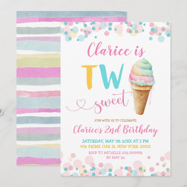 Invitación Pastel colorido Dos Dulces Días de Nacimiento (Anverso / Reverso)